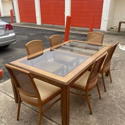 Drexel "Consensus" Modernist Wood and Glass Top Extension Dining Table, 1970s  With Chairs