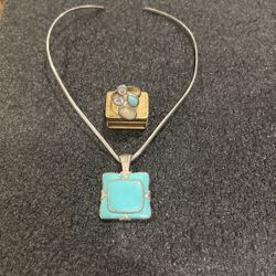 Elegant Turquoise Sterling Silver Necklace And Gemstone Ring 