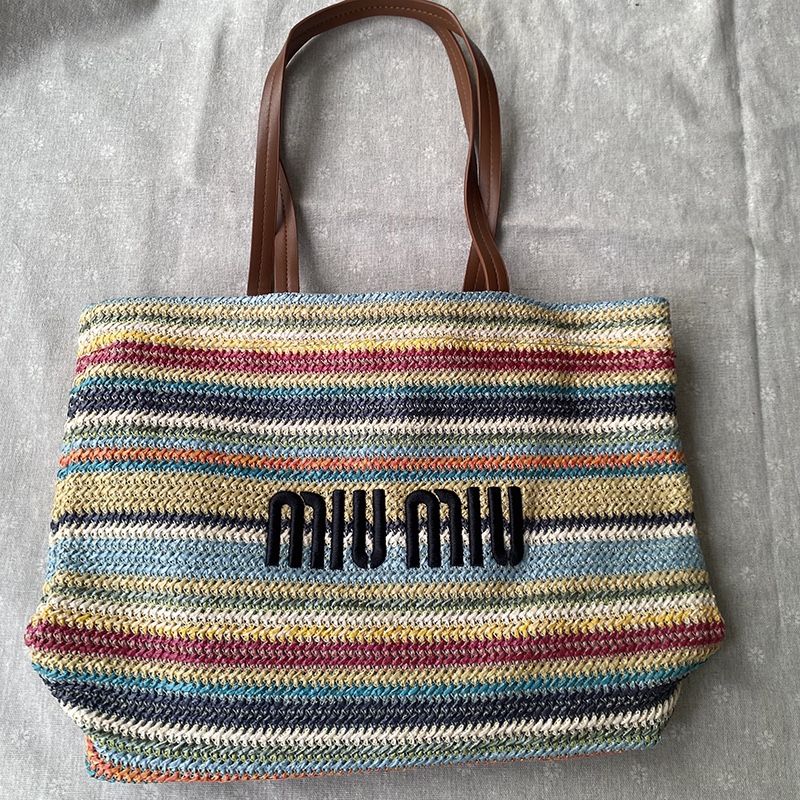 Miu Miu Colorful Striped Woven Tote Bag