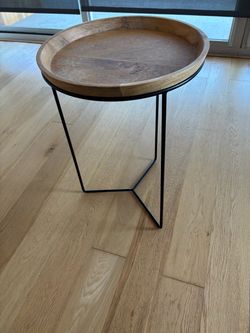 Round Acacia Wood Tray Side Table with Metal Base