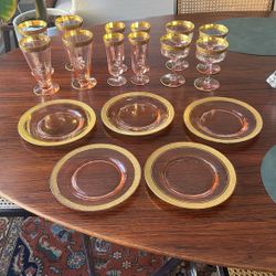 Pink Glass Gold Banded Dishes