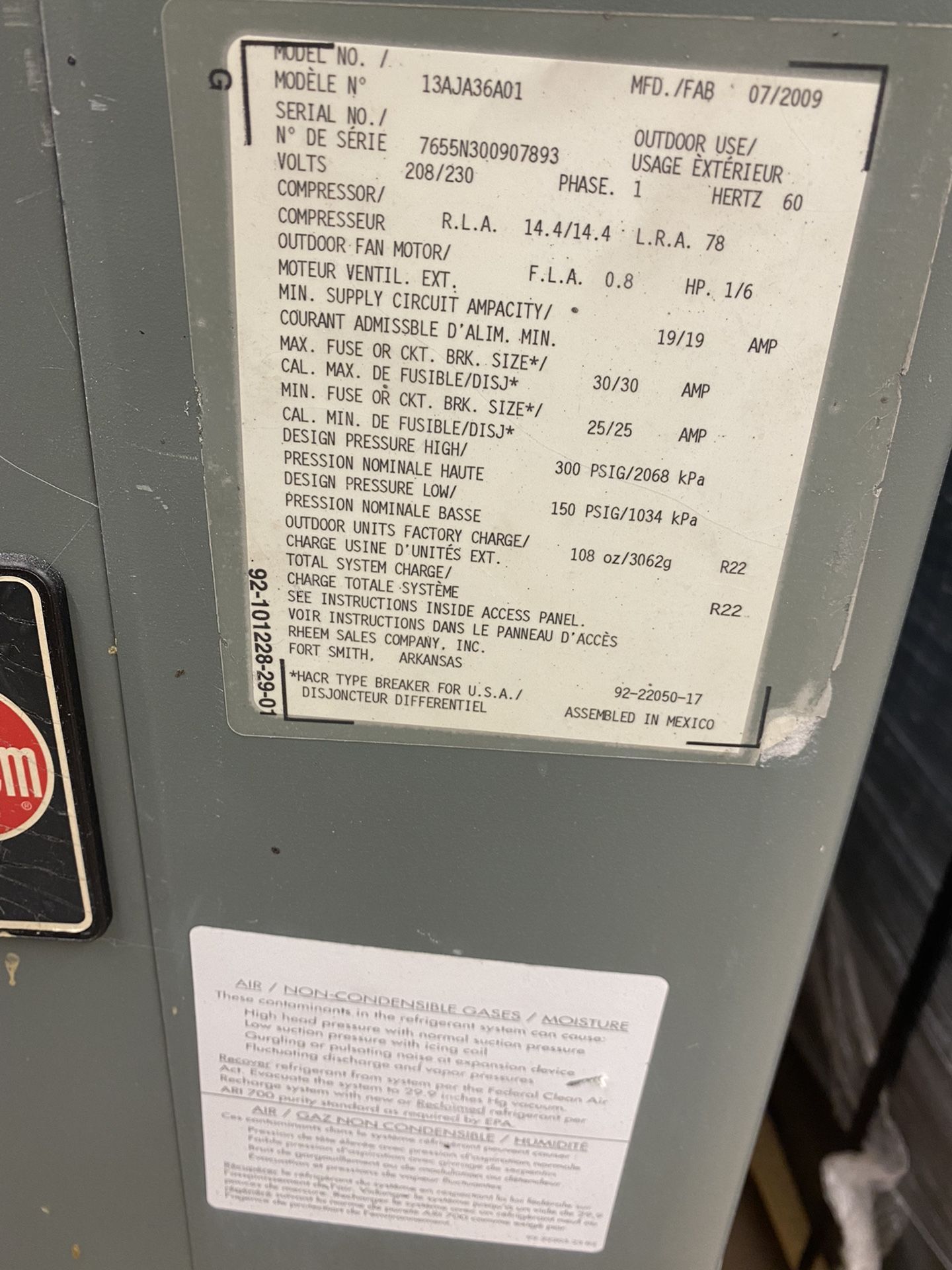 Rheem 3 Ton R22 Condenser Used Ok for Sale in Delray Beach, FL OfferUp