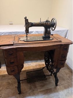 Antique White Family Rotary Treadle Sewing Machine Cabinet Cast Iron Base