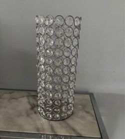 Crystal Bead Silver Metal Cylinder Vase