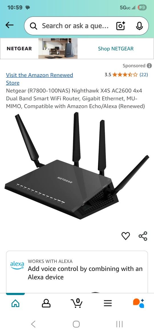 Netgear (R7800-100NAS) Nighthawk X4S AC2600 4x4 Dual Band Smart WiFi Router, Gigabit Ethernet,