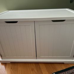 White Wooden Cat Litter Box Enclosure Cabinet — Hidden Litter, Double Doors AND Breeze Litter Box