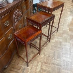 Antique Asian Rosewood Carved Wood Side Tables Set 3 
