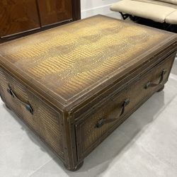 Wood Leather Trunk Coffee Table + 2 Side Tables 