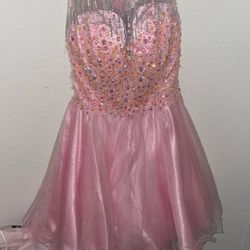 Pink Mini Scoop-Neck  Dress With Beading 