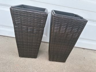 2 Matching 20” tall Wicker Brown Leather Square Planters
