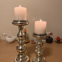 Set Of 2 Mercury Glass Candle Pillars 
