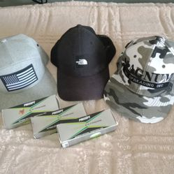 Three Hats Size Fits All.  Plus Three Boxes Of precept Extreme Golf Balls.f