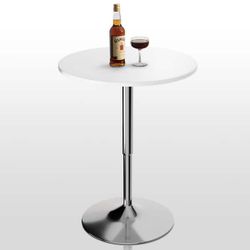 White Round Wood Bar Height Outdoor Bistro Table with Adjustable Chrome Stand and Rotation (Dia. 23.5 in. )