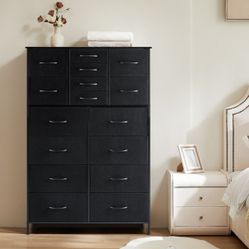 16- Drawer Dresser With Fabric Bins, Sturdy Steel Frame 