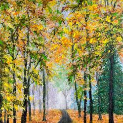 Falling into Autumn, 9 x 12 Acrylic Painting, Fall Theme Landscape Artwork