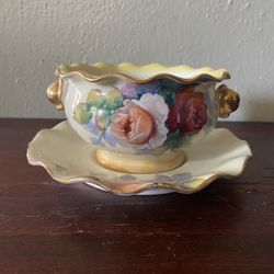 Vintage Noritake Fluted Hand painted Floral Open Sugar Bowl with Fluted Dish 
