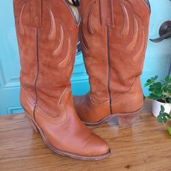 FRYE LADIES 8 1/2 CARAMEL KNEE HIGH COWGIRL WESTERN VINTAGE BOOTS LEATHER SUEDE