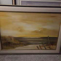 Framed Painting Of Beach At Sunset