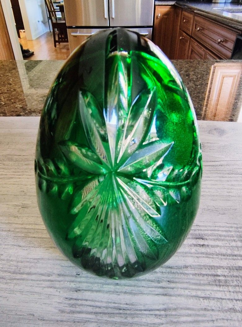 Magda Nemeth Emerald Green Cut To Clear Glass Egg Paperweight