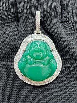 Green Jade Buddha Pendant with SILVER MOISSSNITE Halo