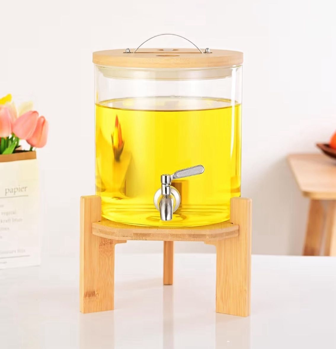 New! Glass Drink Dispenser 1.5 gallons With faucet wood stand Easy flow contro