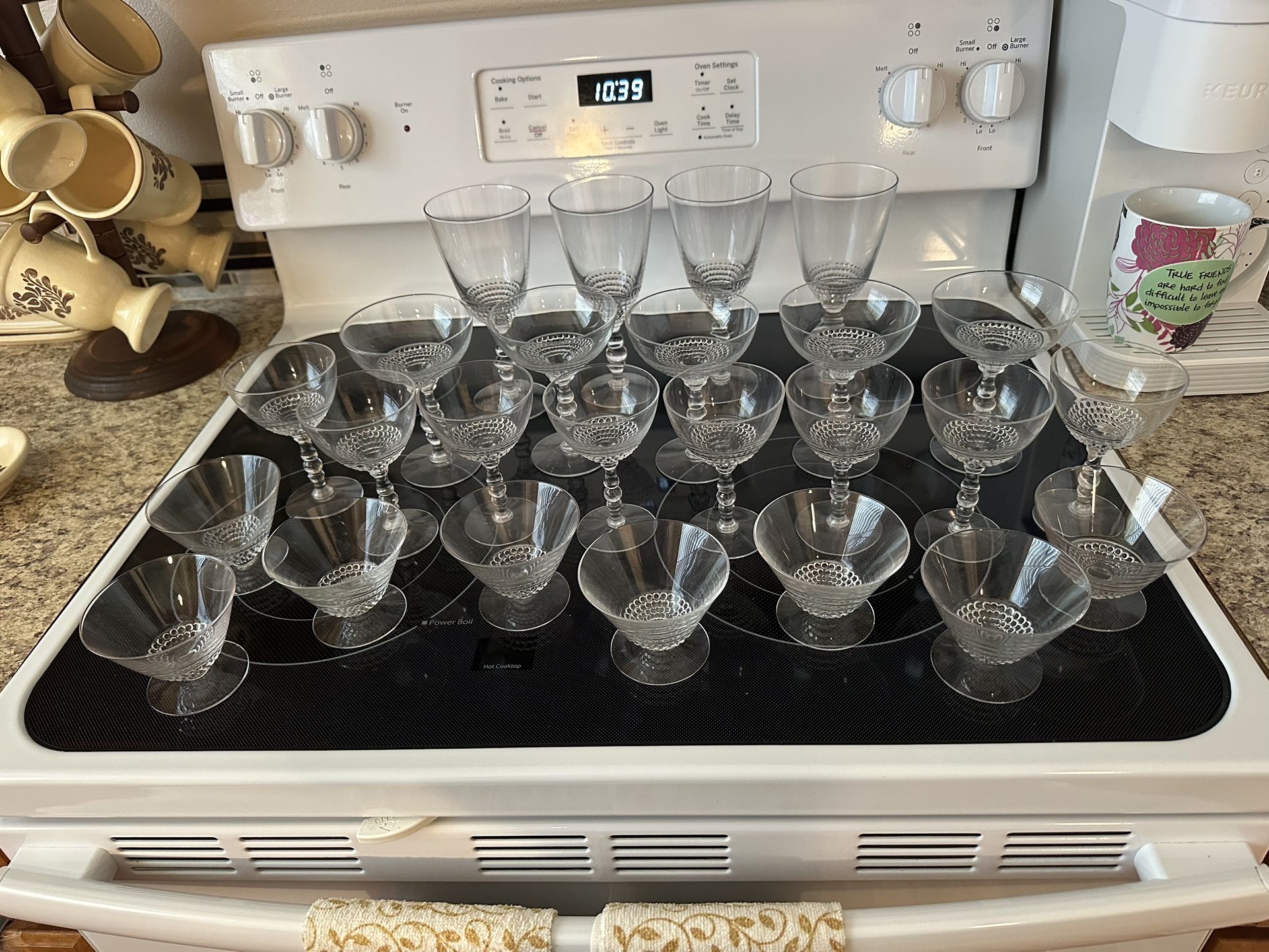 Vintage crystal stemware circa 1940s Very lightweight and fragile. 25 pieces total. These belonged to my grandmother who was born in 1908. Smoke and