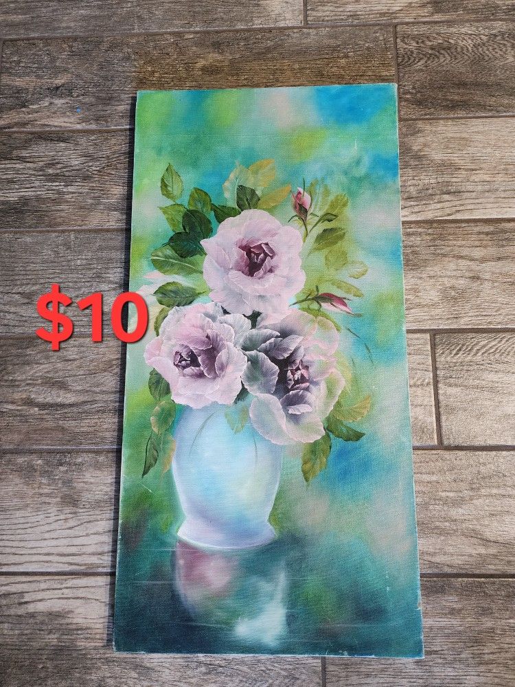 Vintage original purple/pink rose oil painting