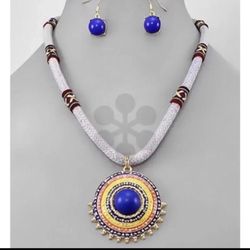 Ethnic blue and yellow pendant necklace