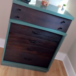 Dark Green Dresser With Stained Natural Wood Drawers 