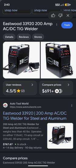 Eastwood tig 200 tig welder with rolling cart and tank