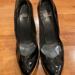 Stuart Weitzman Cork Black Patent Leather Heel Shoes Women's Size 9M. Condition is "Pre-owned". See pictures ask questions and make an offer!
