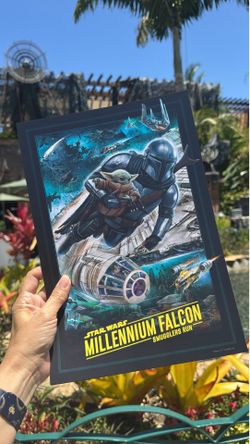 DISNEYLAND PARKS STAR WARS MILLENNIUM FALCON SMUGGLERS RUN & THE MANDALORIAN AND GROGU ART PRINT