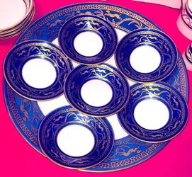 Trussardi Milano Royal Blue Diningware Set12 Real Gold Plated Dipped Logo Tabeware Thanksgiving Xmas