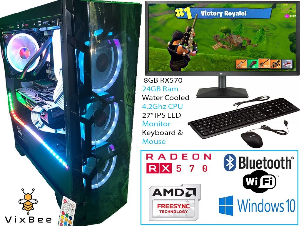 RGB Gaming Desktop Computer Bundle With 27" Monitor Keyboard & Mouse