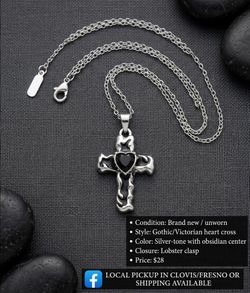Gothic Cross Pendant Necklace with Black Heart Stone