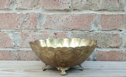 Vintage Brass Oval Scalloped Footed Bowl 