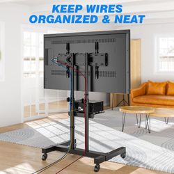 Mobile TV Cart for 32-83 Inch Screens up to 110 lbs, Height Adjustable Rolling TV Stand with Locking Wheels and Metal Shelf, Portable Outdoor Floor TV