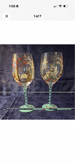 Set of 2 Stemmed Clear Wine Glasses Hand-Painted Animal/Autumn Theme Dog