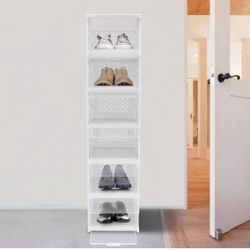 6-Tier Drop Front Shoe Box, foldable Plastic Shoe Box with Clear Door,