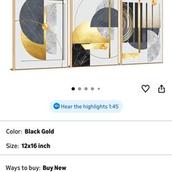 3Pcs Black Gold Canvas Wall Art Decor, Abstract Framed Painting Poster Print Nordic Luxury Geometric Artwork for Living Room, Marble Wall Painting for