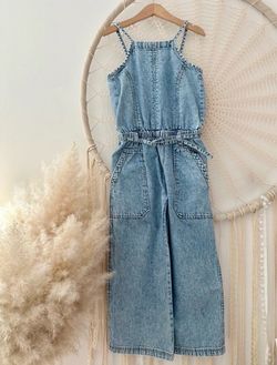 ZARA Kids Denim Jumpsuit Light Wash Wide Leg Overalls Romper Girls Size 11-12