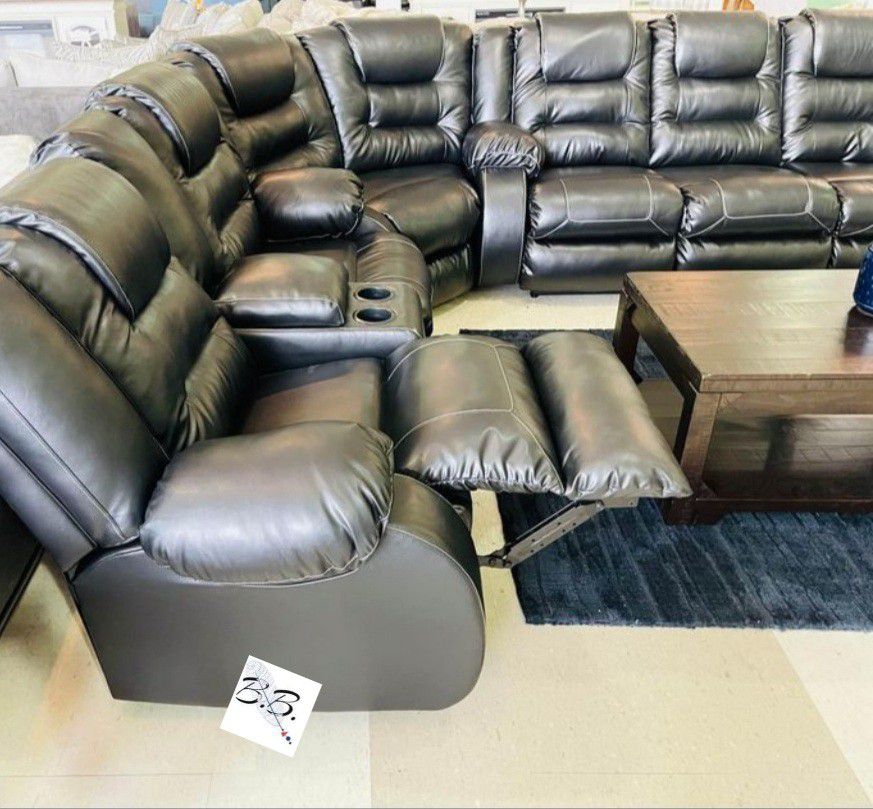 Brand New Living Room Set 💥 Ashley Vacherie 3 Piece Black Leather Padded Soft Oversized Reclining Sectional Couch| Sofa, Loveseat, Wedge| Red, Brown|