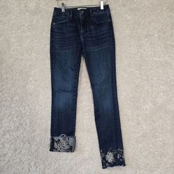 Driftwood Colette Jeans Womens 25 Blue Embroidered Floral Hems Dark Wash Stretch
