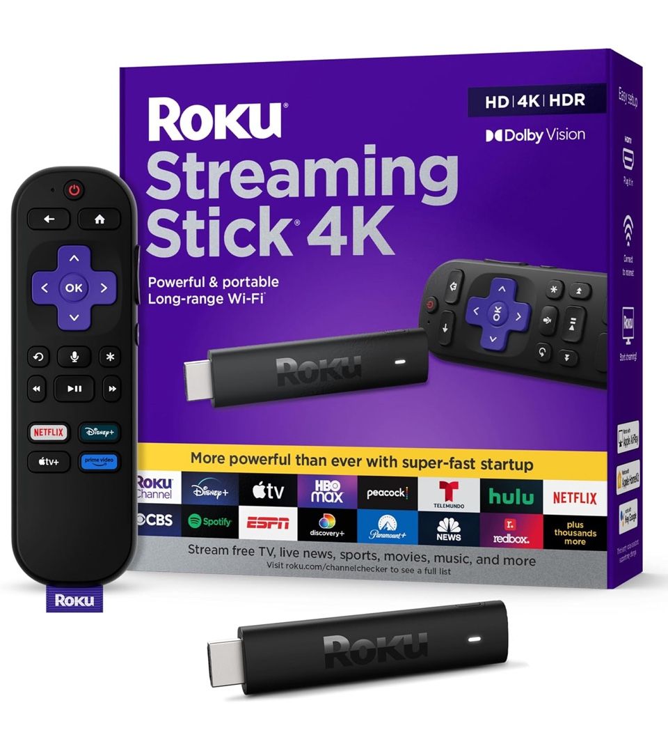 Roku Streaming Stick 4K - HDR & Dolby Vision Roku Streaming Device for TV with Voice Remote & Long-Range Wi-Fi - Free & Live TV