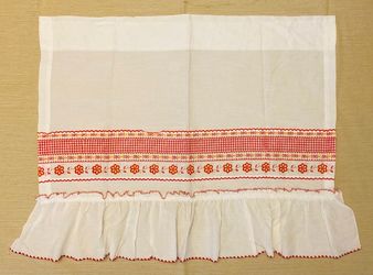 Vintage kitchen curtain single panel white red gingham yellow flowers ruffle