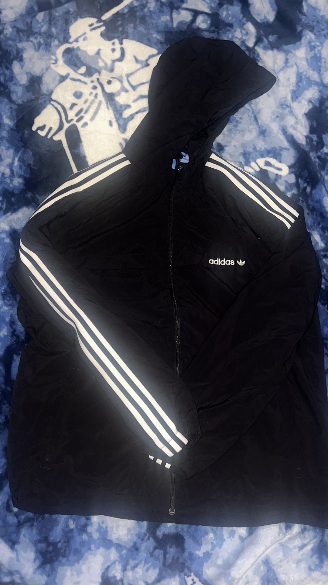 Adidas Jacket Mens Large Black Windbreaker 3 Stripe Track Hooded Full Zip Flaw*