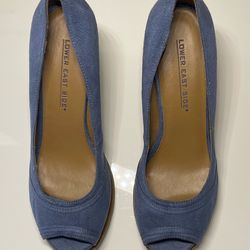 Lower East Side Blue Suede Peep-Toe Pumps .