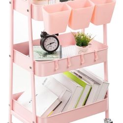 danpinera 3-Tier Rolling Cart, Utility Cart Mobile Metal Rolling Storage Cart with Lockable Wheels & Hanging Cups & Hooks for Kitchen, Bathroom, Offic