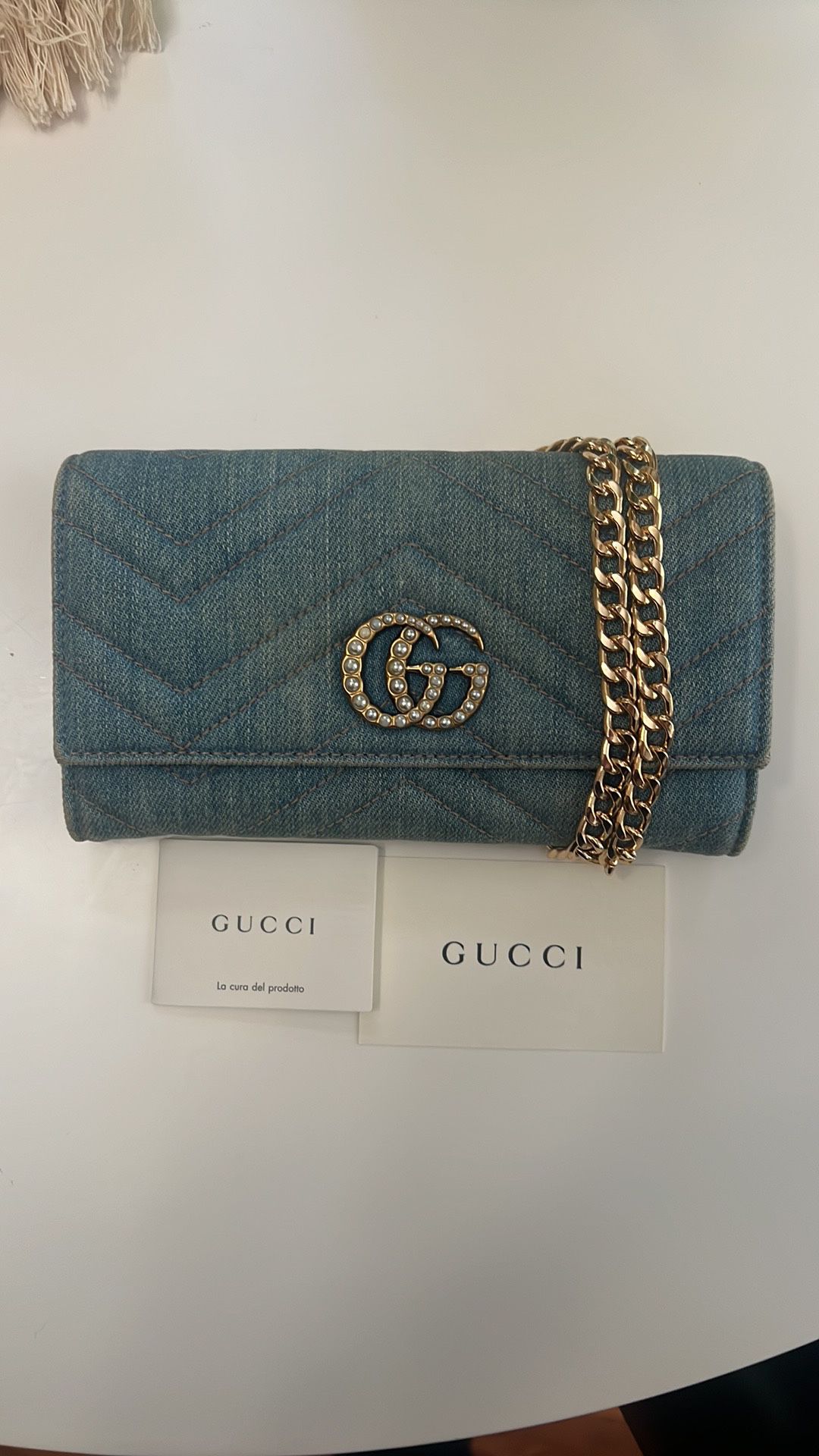 Authentic GUCCI GG Marmont Wallet Quilted Denim WOC On Chain