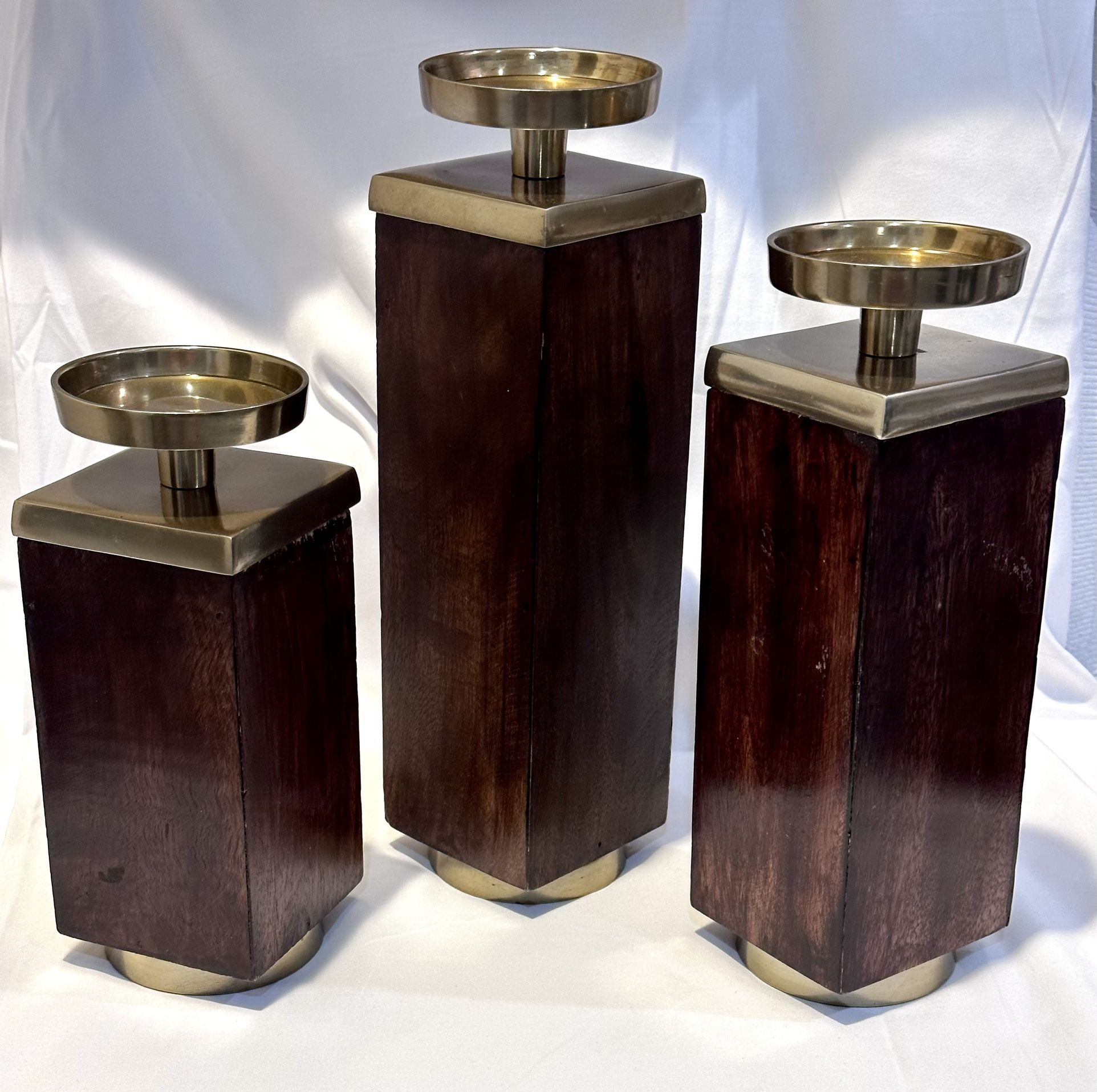Connie Post Mid Century Modern Candle Holders Set Of 3 Gold Wood Metal Pillar